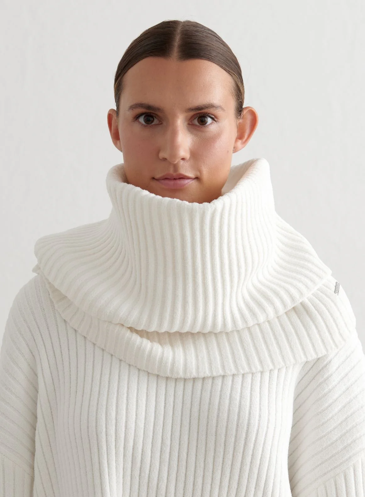 Almond White Rib Knit Tube Scarf