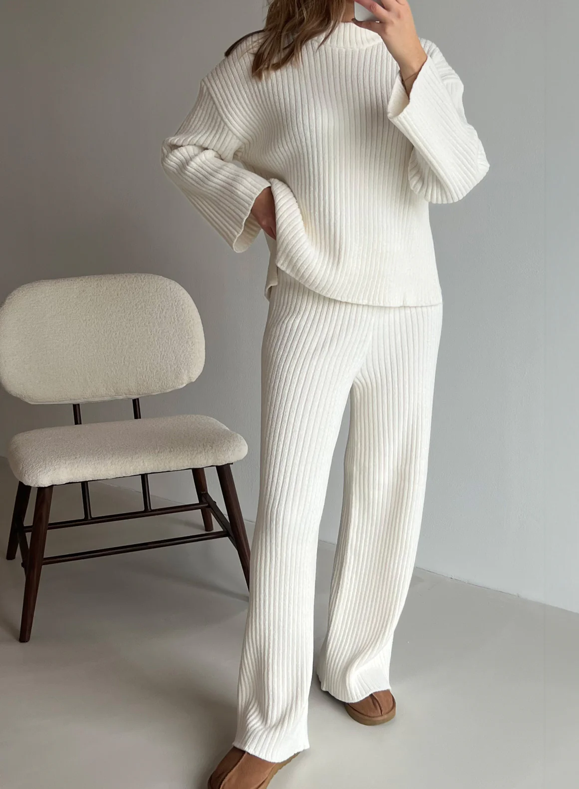 Almond White Rib Knit Sweater & Pants Set - Image 7