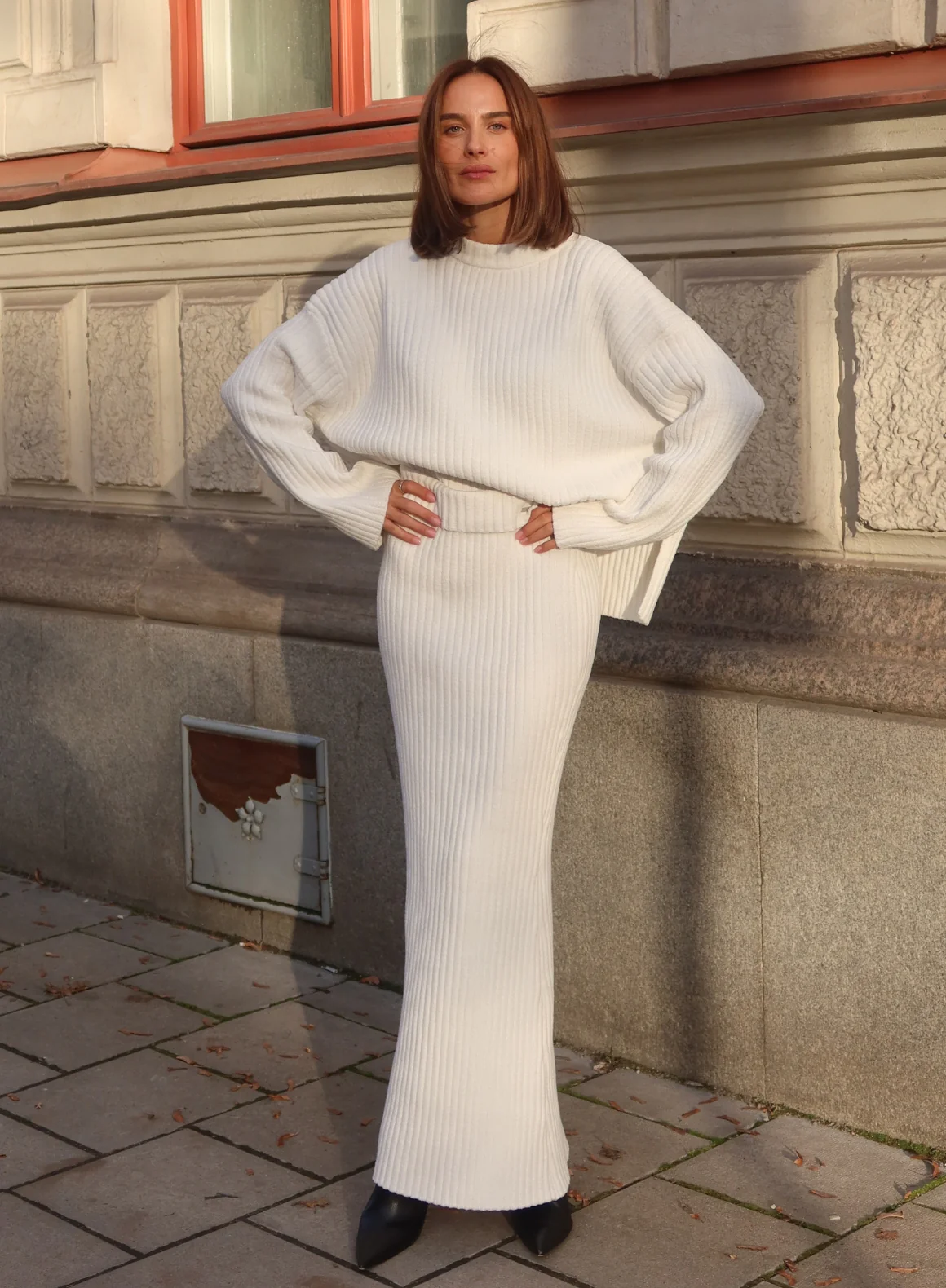 Almond White Rib Knit Sweater & Skirt Set - Image 8