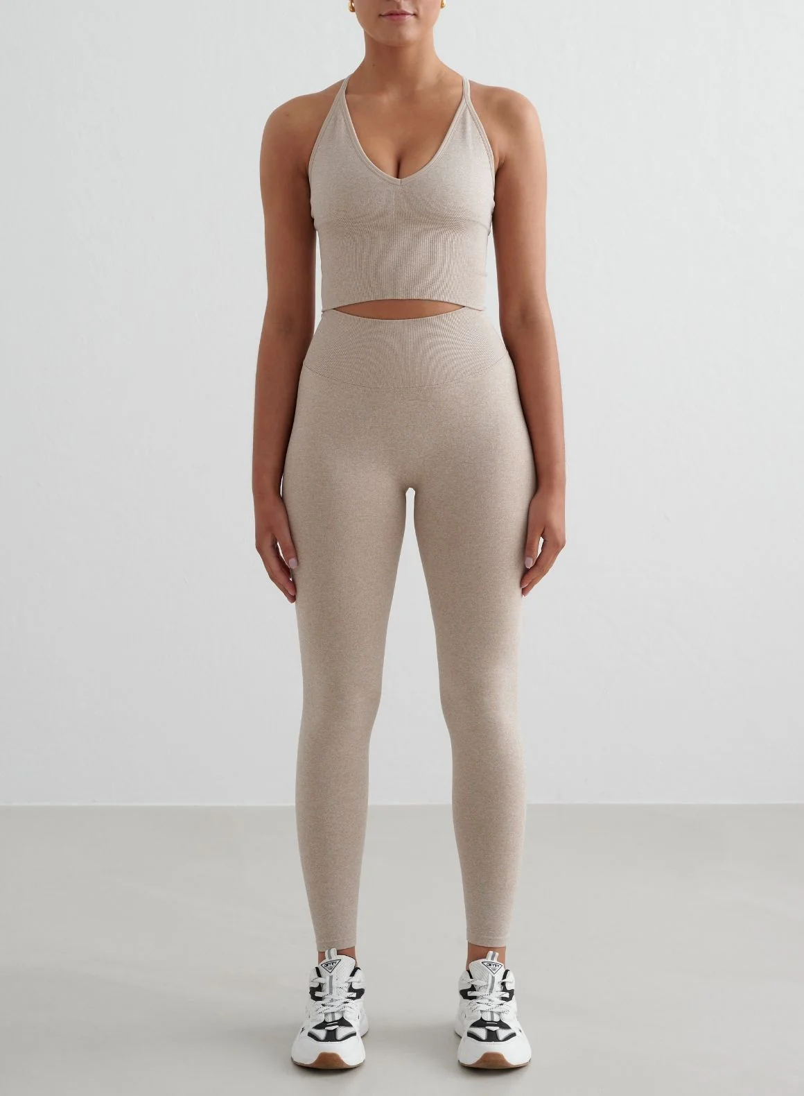 Beige Melange Shape Seamless Tights & Cross Back Bralette Set