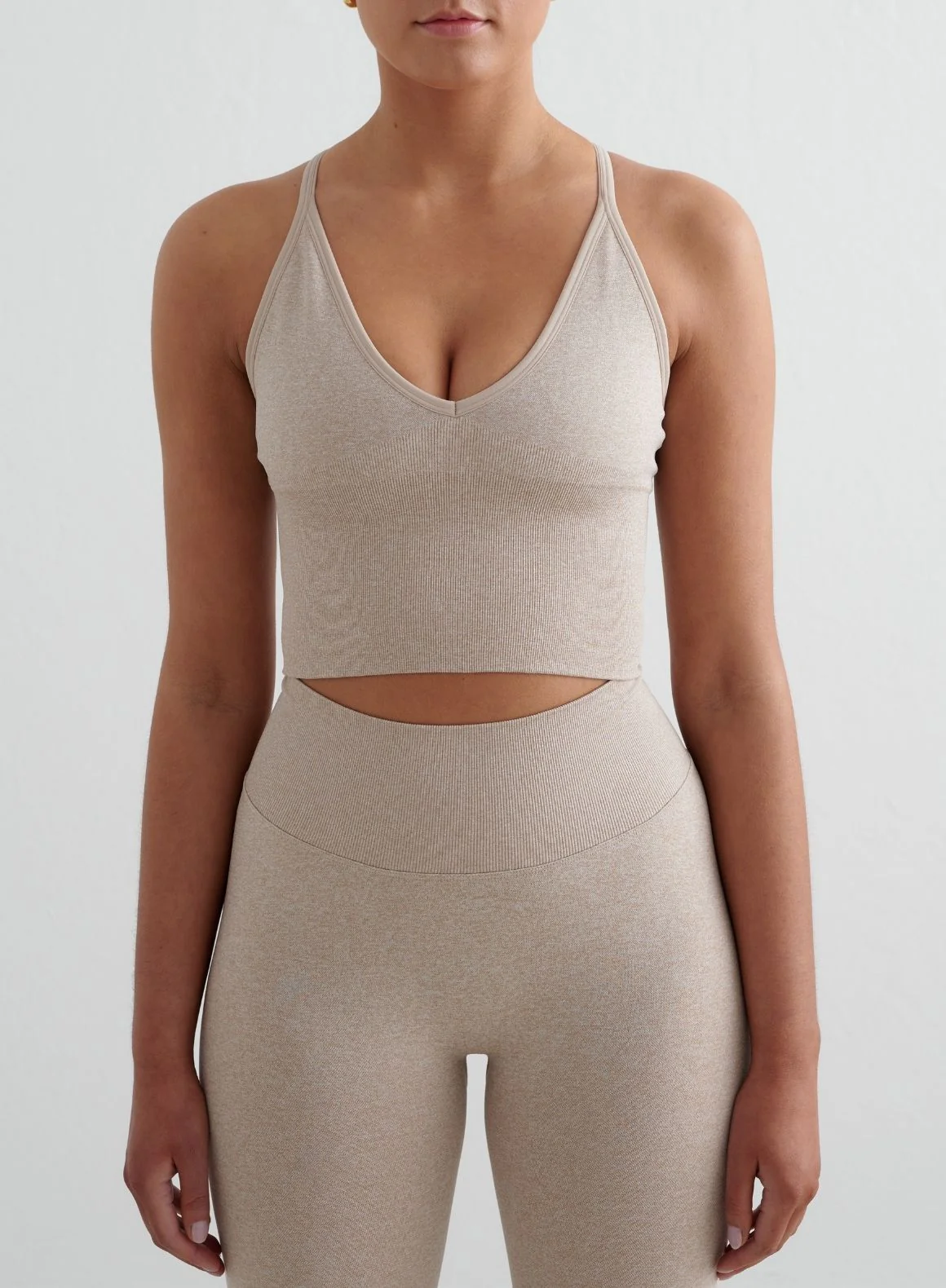 Beige Melange Shape Seamless Tights & Cross Back Bralette Set - Image 3