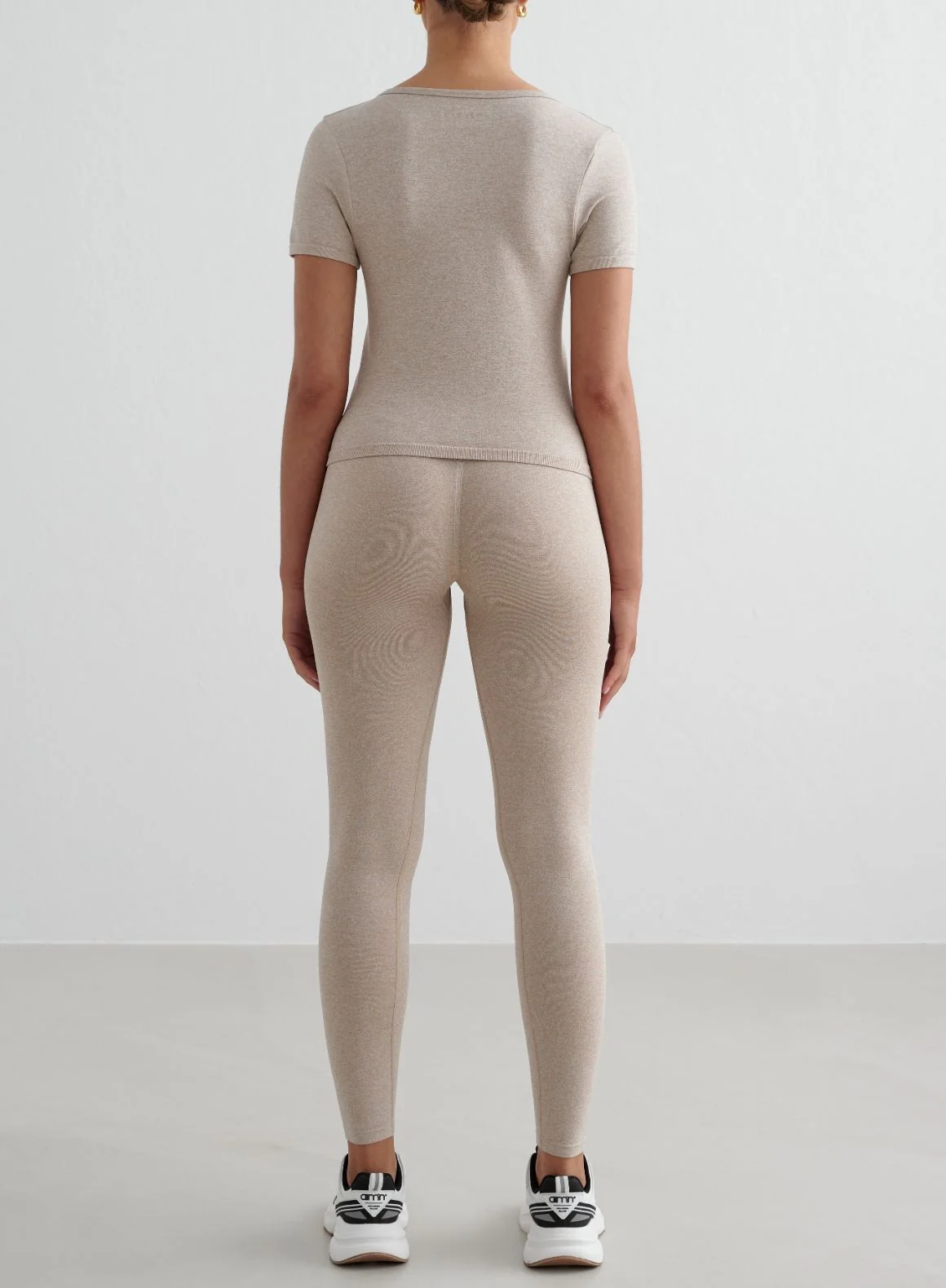 Beige Melange Shape Seamless Tights & Short Sleeve Set - Image 2