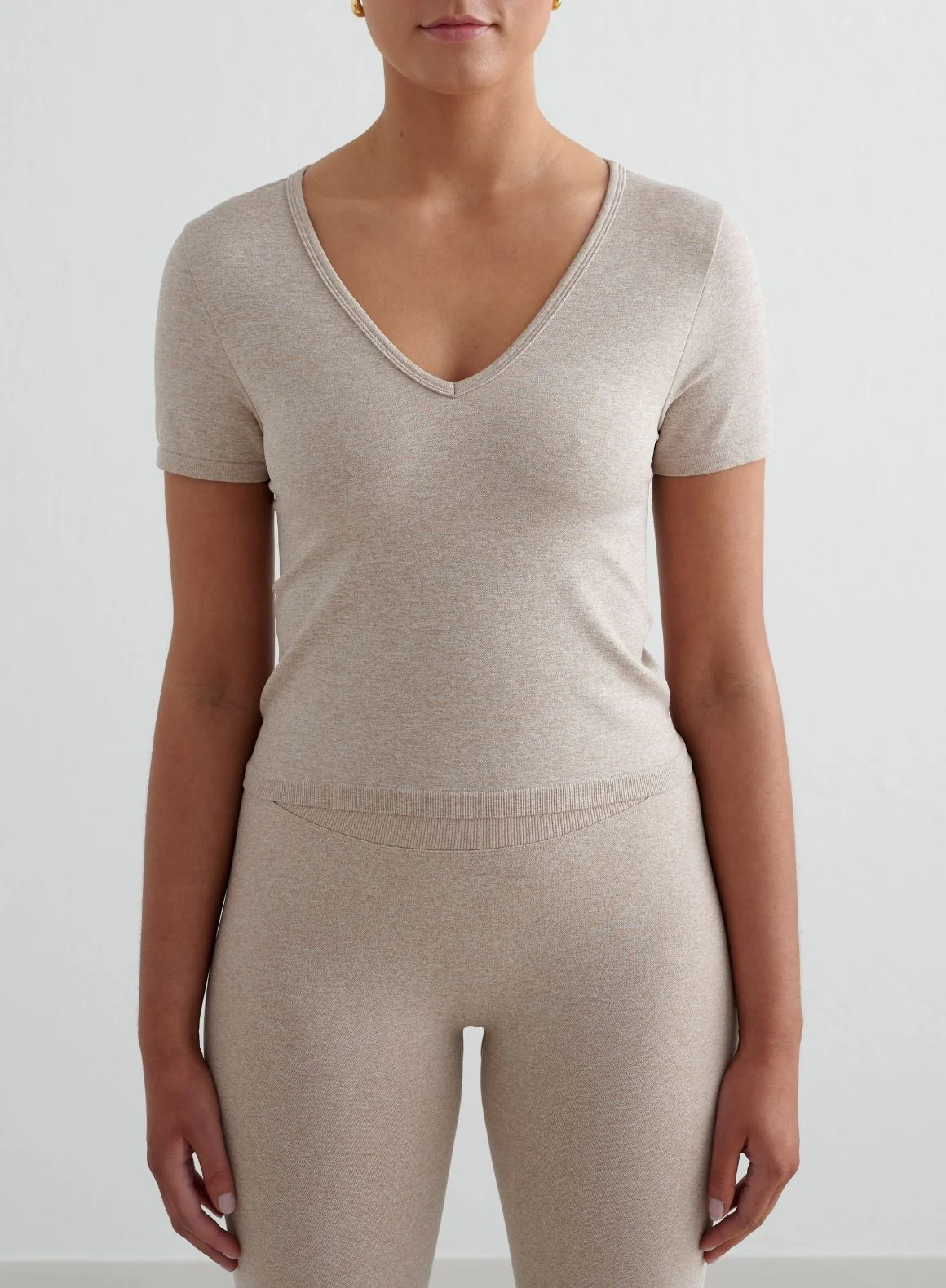 Beige Melange Shape Seamless Tights & Short Sleeve Set - Image 3