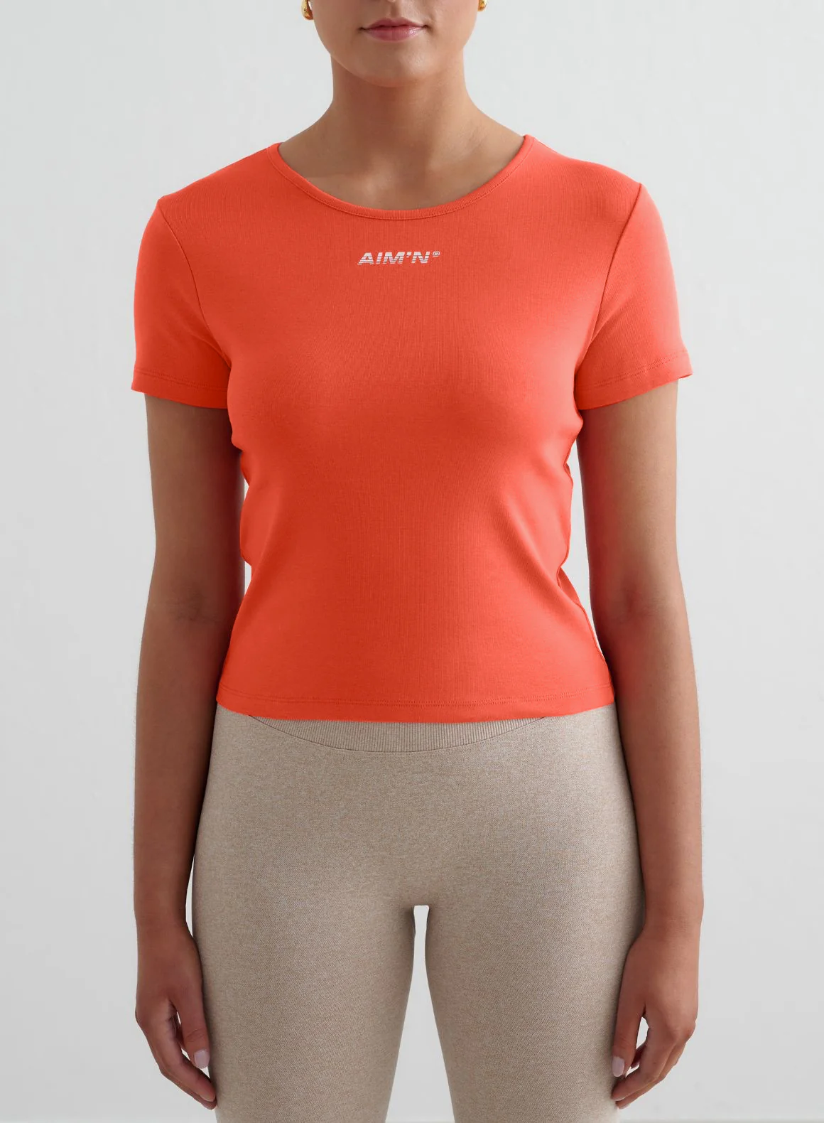Beige Melange Shape Seamless Tights & Tangerine Stretch T-Shirt Set - Image 3