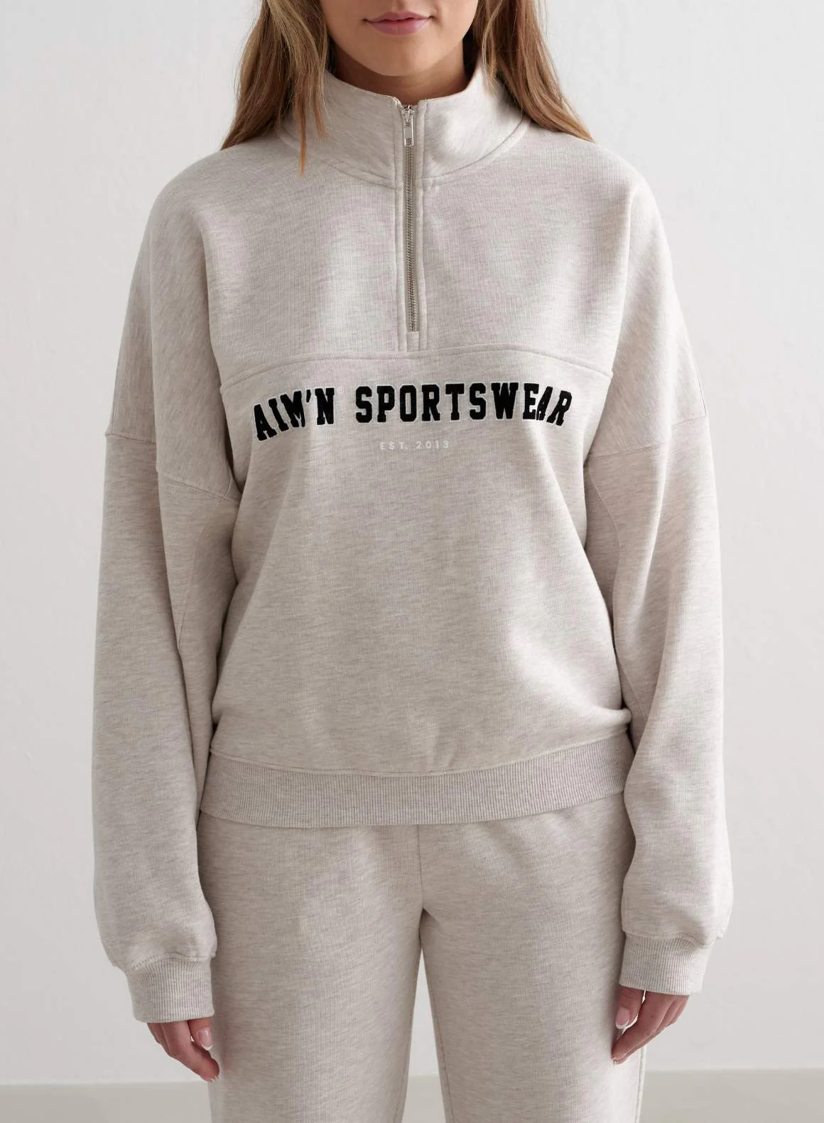 Beige Melange Varsity Sweat Half Zip - Image 6