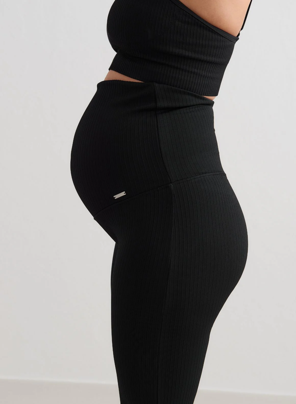 Black Ribbed Seamless Flare Maternity Tights - Image 2