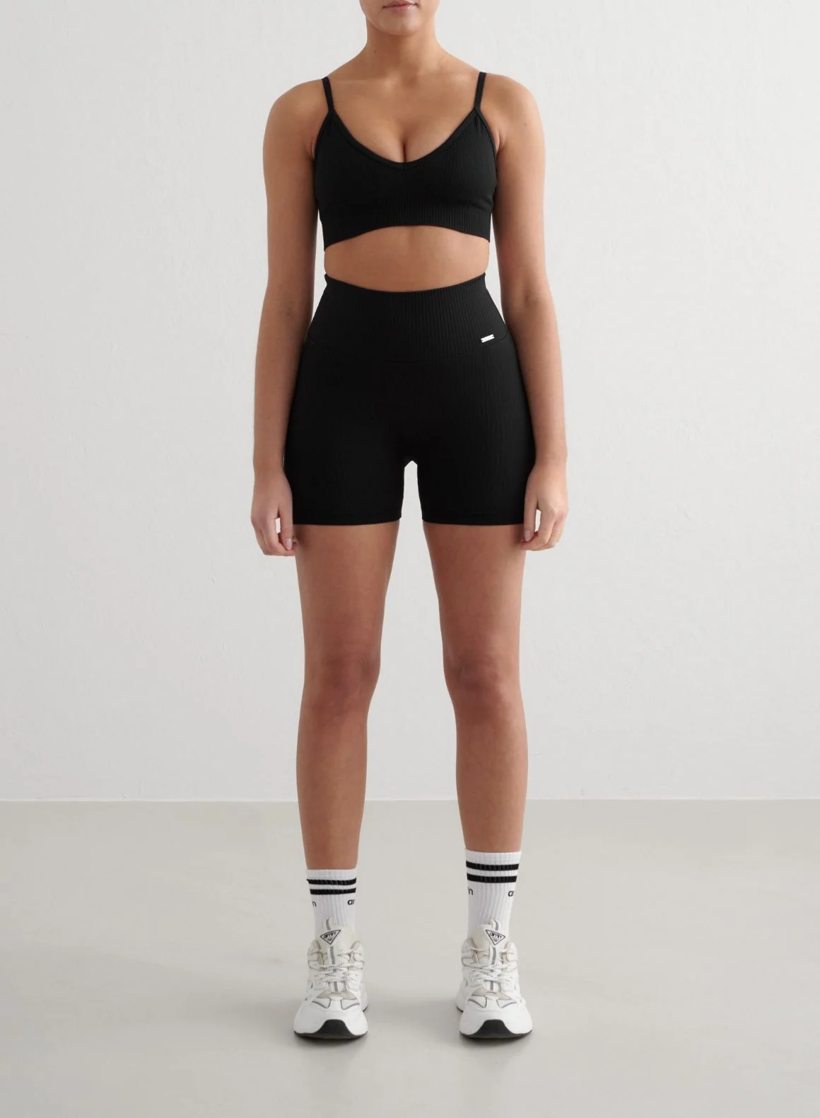 Black Ribbed Seamless Midi Biker Shorts & Deep Cut Bra Set