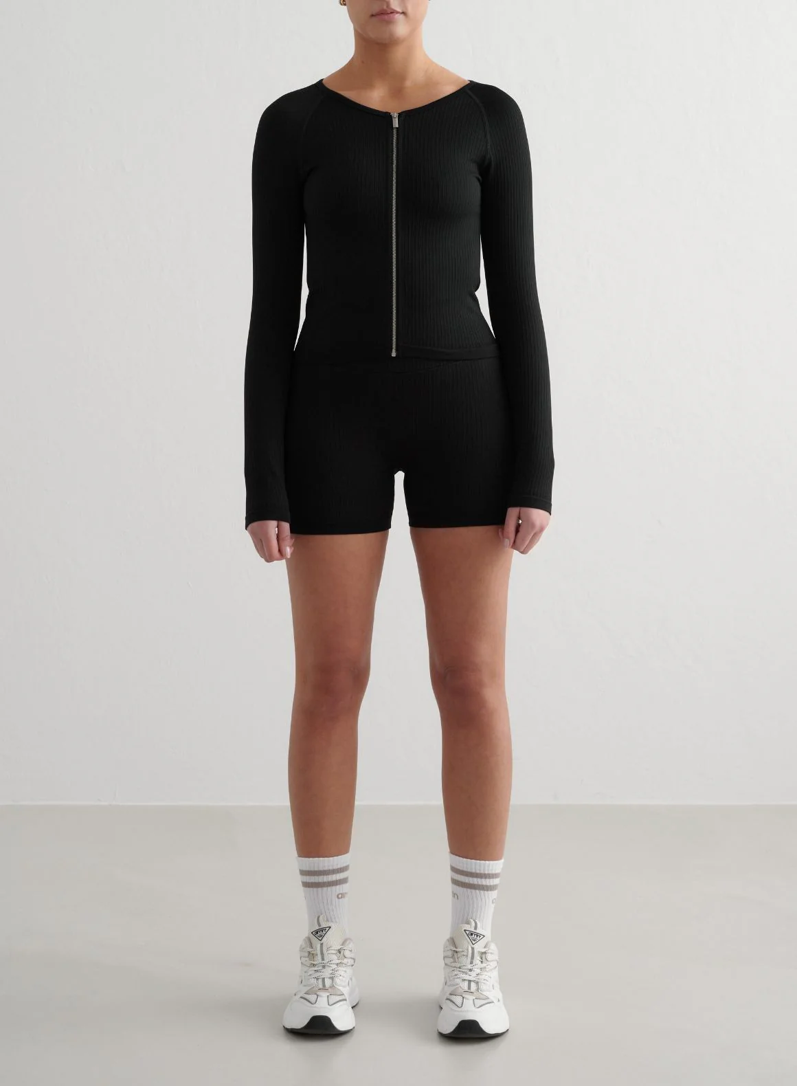 Black Ribbed Seamless Midi Biker Shorts & Zip Jacket Set