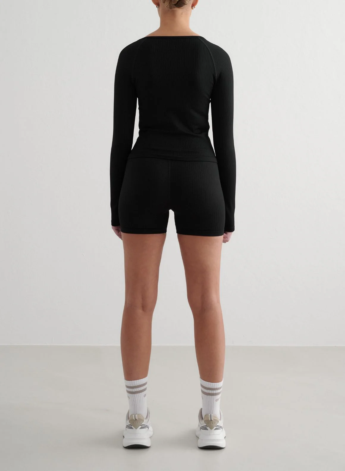 Black Ribbed Seamless Midi Biker Shorts & Zip Jacket Set - Image 2