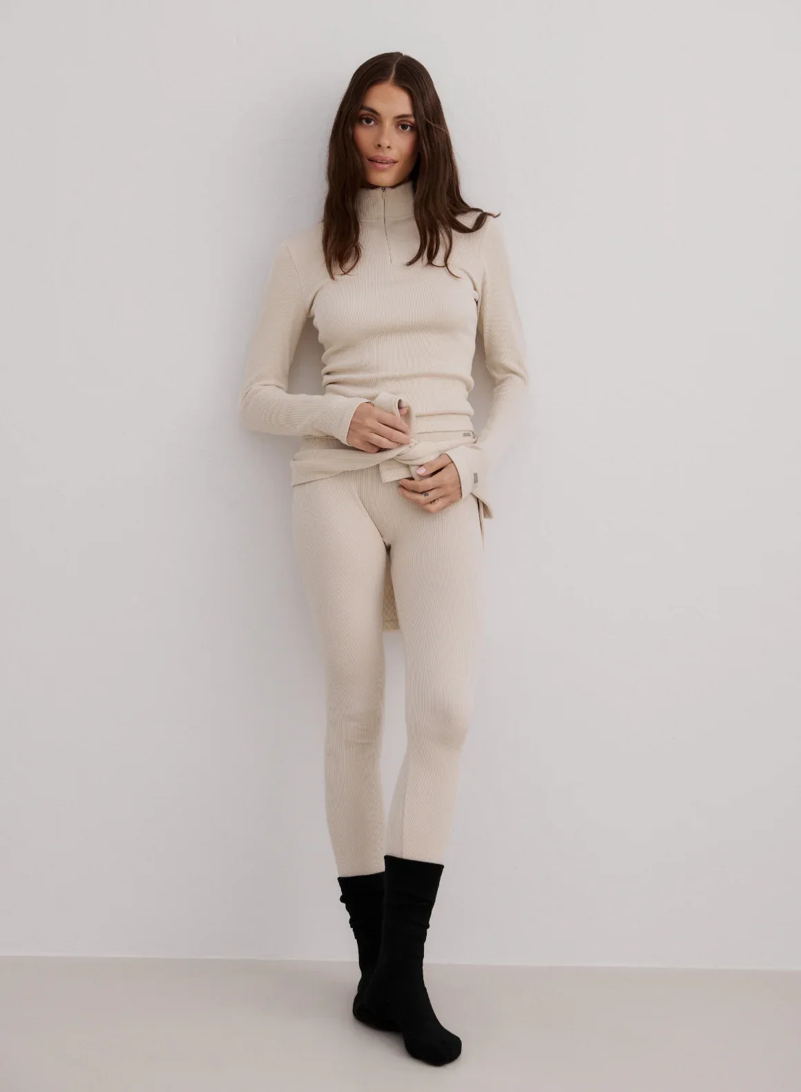 Café Au Lait Ribbed Wool Set With Half Zip Top