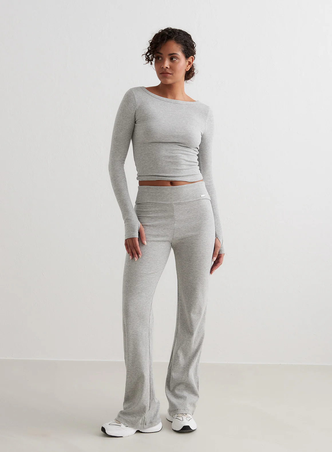 Grey Melange Ease Ribbed Long Sleeve Top - Image 3