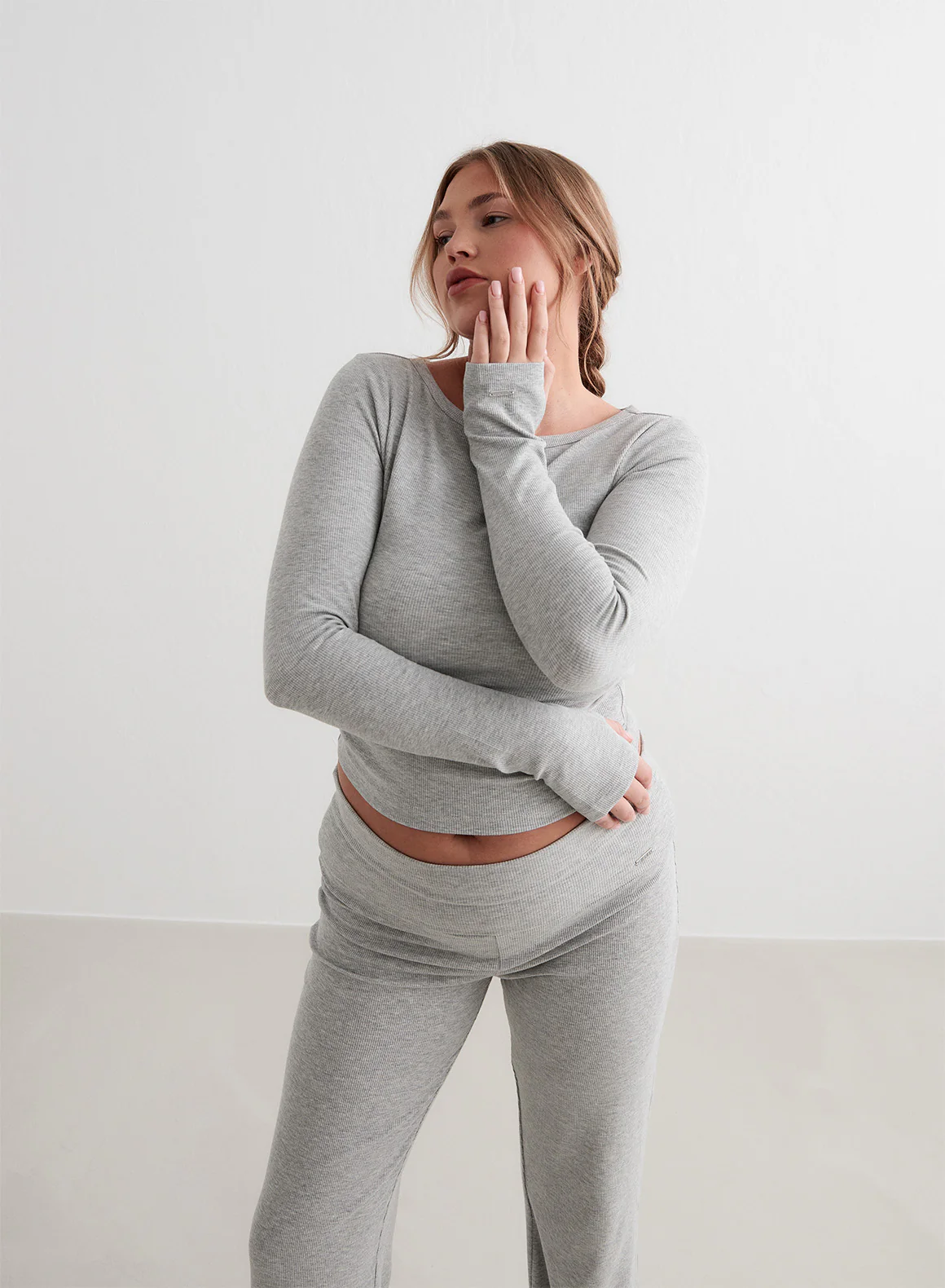 Grey Melange Ease Ribbed Long Sleeve Top - Image 8