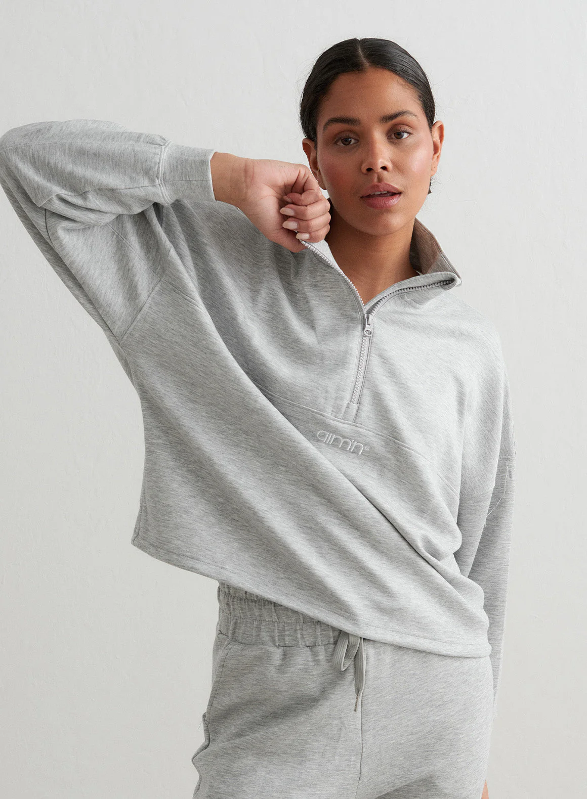 Light Grey Melange Comfy Modal Set With Half Zip Top - Image 2